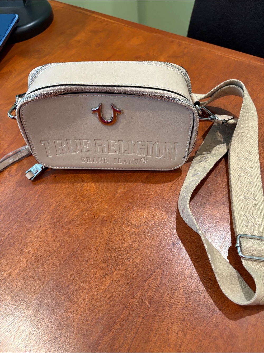 True Religion Neutral Beige Logo Crossbody Bag